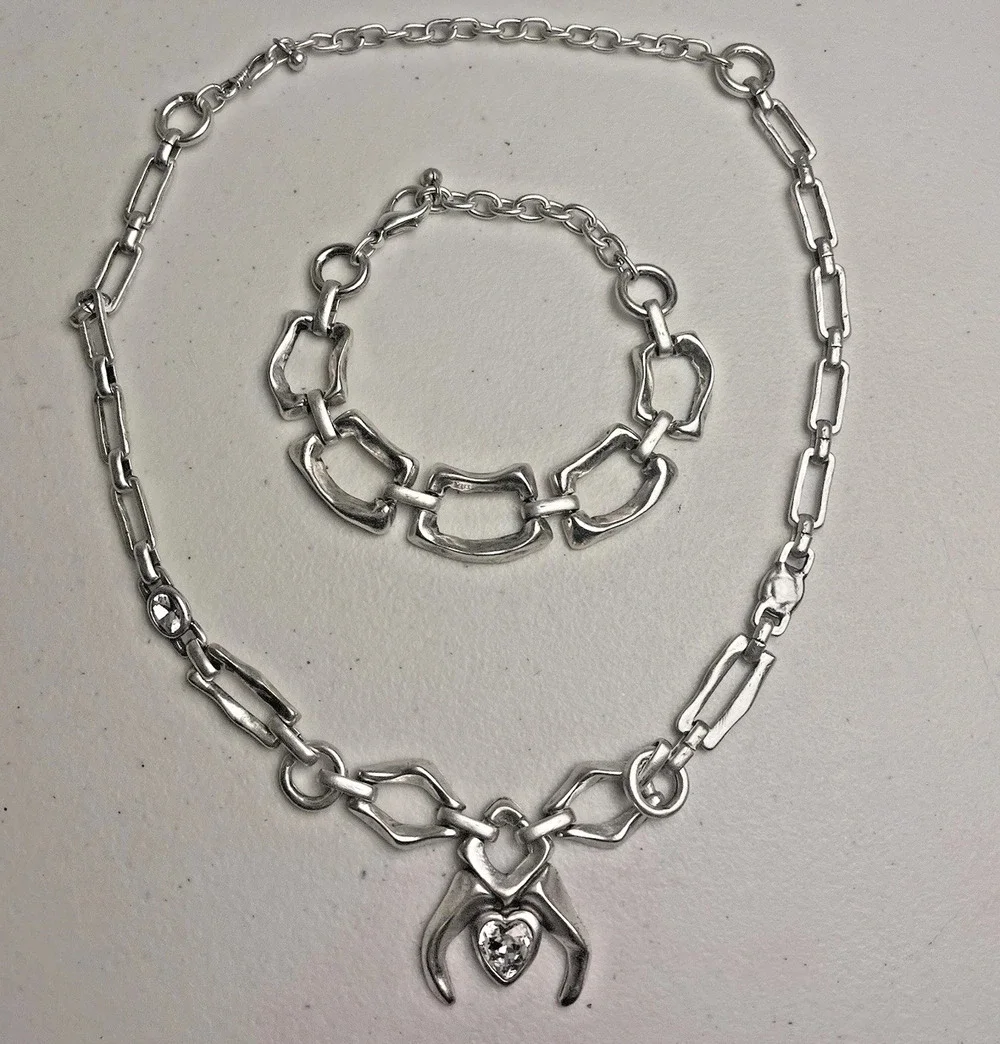 Silver Tone Heart Pendant Necklace Chunky Chain Bracelet Set Statement Bold Y2K